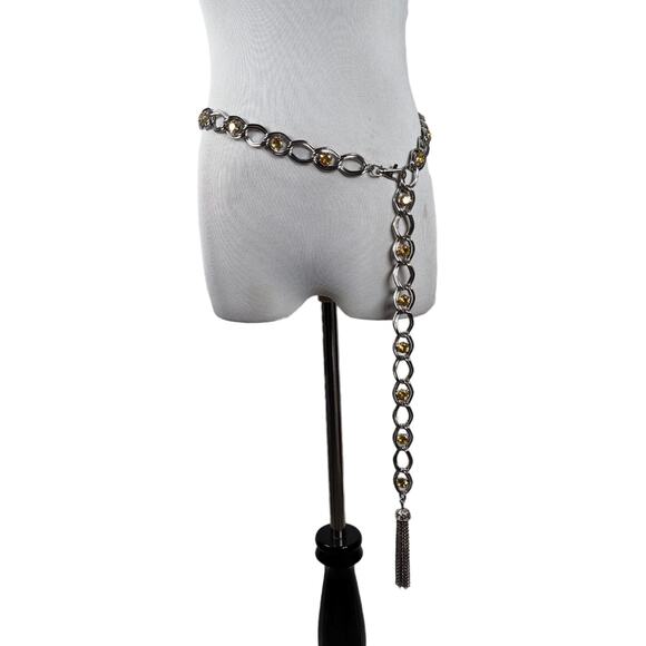 Vintage 80s 90s Chain Link Waist Belt Silver Rhinestone Free Size Plus - Picture 2 of 9